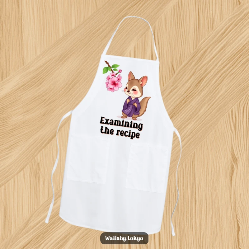 Funny wallaby in a deep purple kimono curiously examining a cherry blossom, cooking apron, elegant and humorous.