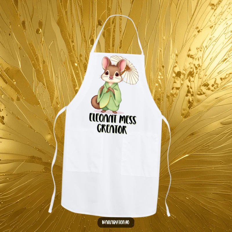 Funny wallaby in an elegant green kimono holding a delicate paper umbrella, cooking apron, stylish and humorous.