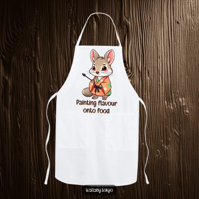 Funny Wallaby Art Apron: A wallaby in a vibrant kimono holds an ink brush, ready to add humorous artistry to your kitchen. Great funny gift.