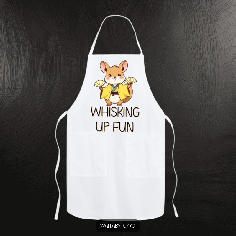 Funny wallaby in a sunny yellow kimono excitedly waving a paper fan, cooking apron, cheerful and humorous.