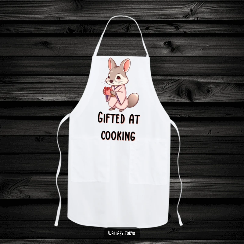 Funny apron showing an elegant wallaby in a kimono offering a small, beautifully wrapped gift, perfect for adding refined fun to cooking.