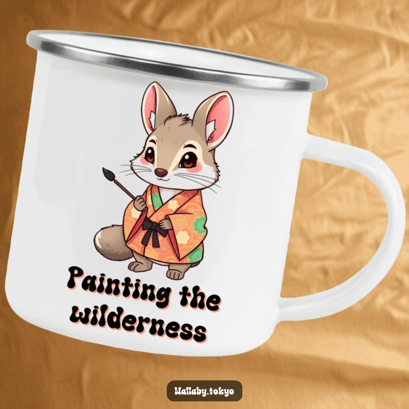 Funny Wallaby Art Camping Mug: A wallaby in a colorful kimono holds an ink brush, bringing humorous artistry to outdoor excursions. Great funny gift.
