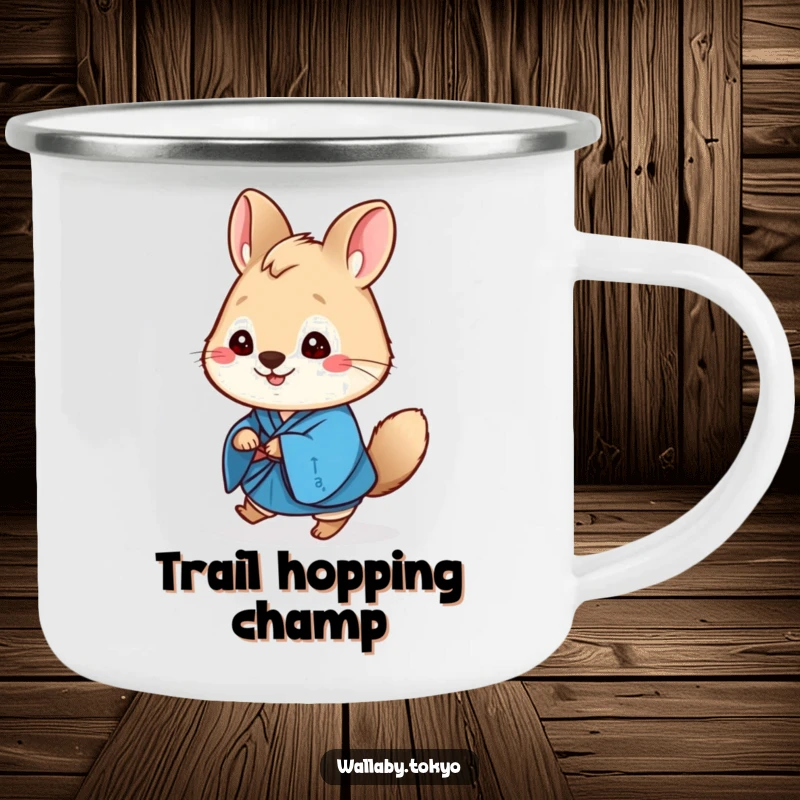 Funny wallaby camping mug, wearing a blue kimono, cheerfully hopping forward with a happy expression.