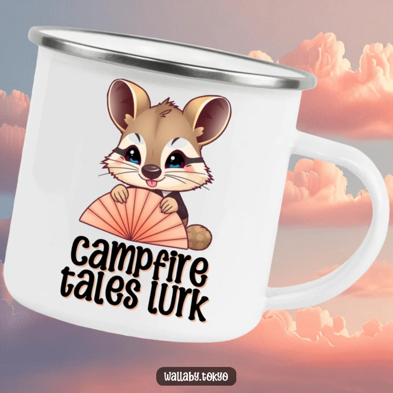 Funny Wallaby Fan Camping Mug: A durable mug featuring a wallaby in formal attire peeking over a fan, perfect for funny outdoor trips.