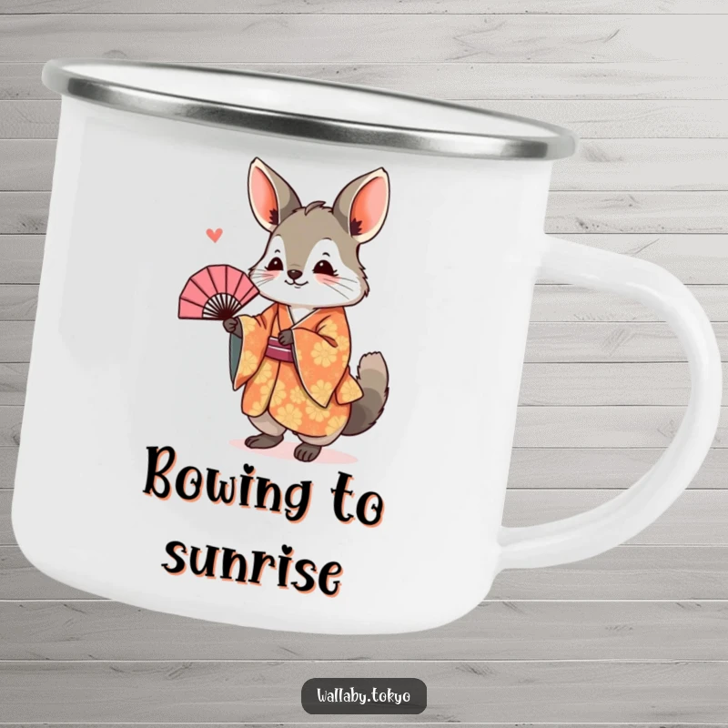 Funny Camping Mug featuring a wallaby in a kimono, joyfully bowing with a fan, a humorous and durable enamel cup.