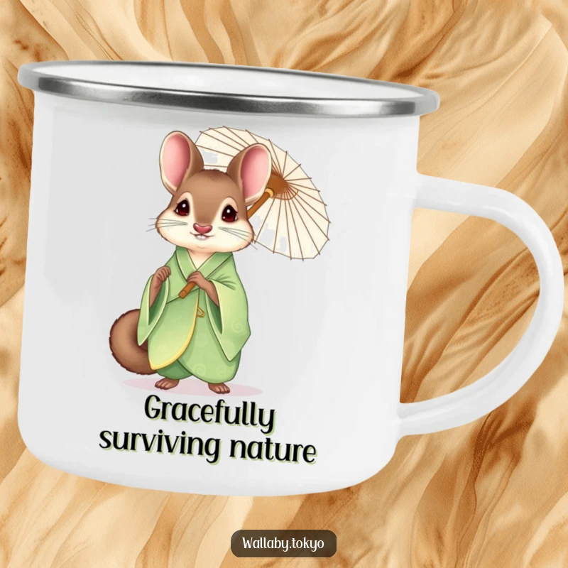 Funny wallaby with an elegant green kimono and paper umbrella on a durable camping mug, outdoor humor.
