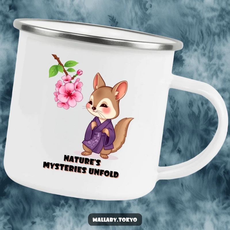 Funny wallaby in a purple kimono examining a cherry blossom on a durable camping mug, contemplative and humorous.