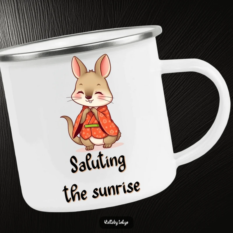 Funny wallaby camping mug, wearing a red kimono, playfully bowing with a happy expression.