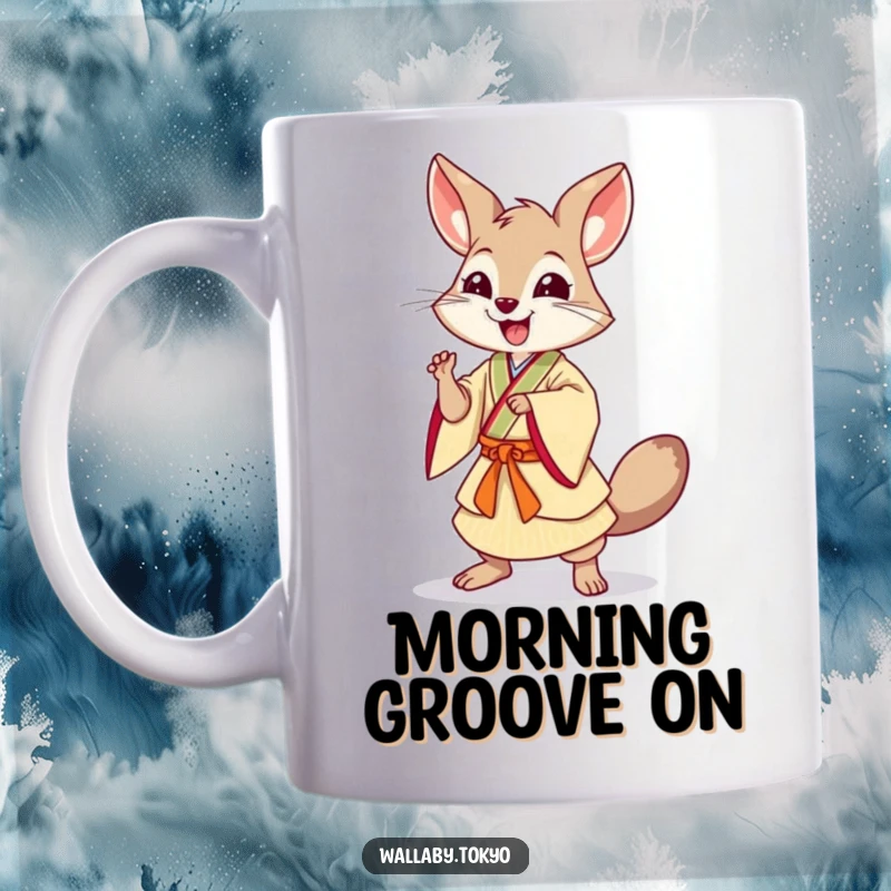 Funny Dancing Wallaby Mug: A wallaby in traditional Japanese dress striking a dynamic, energetic dancing pose, full of funny movement.