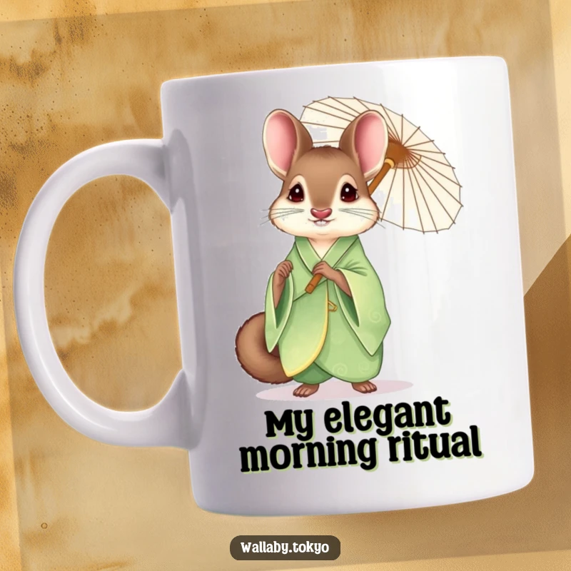 Funny elegant wallaby in a green kimono gracefully holding a delicate paper umbrella, sipping tea, perfect funny gift.