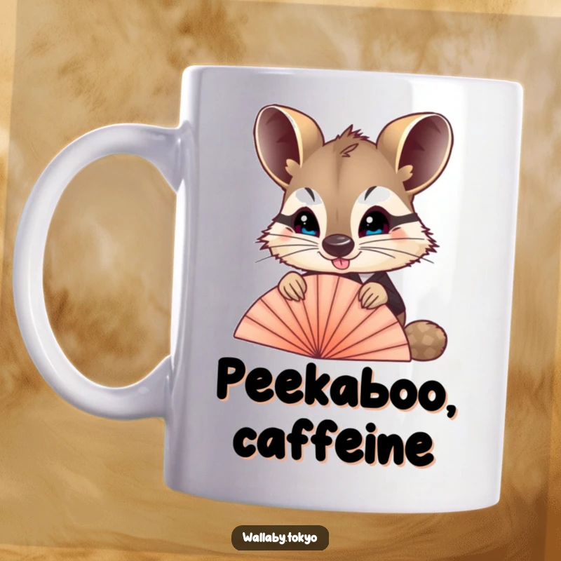 Funny Wallaby Fan Mug: A wallaby in formal clothes playfully peeking over a silken fan, radiating charming and humorous curiosity.