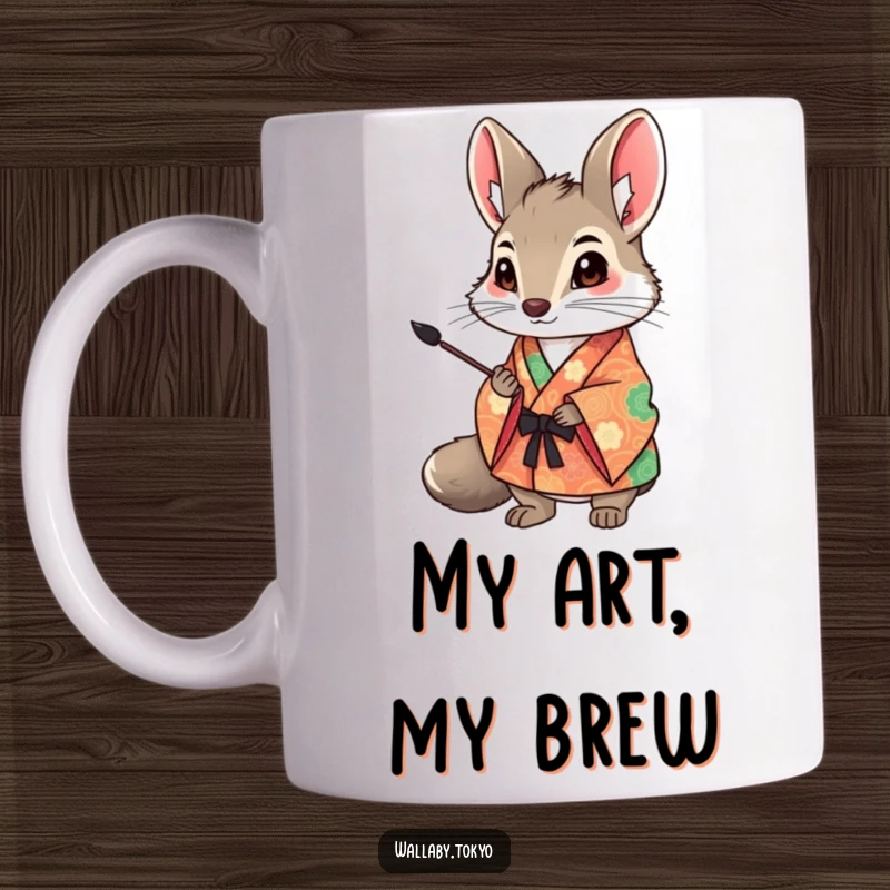 Funny Wallaby Art Mug: A wallaby in a colorful kimono artistically holds an ink brush, ready to create humor and art. Great funny gift.