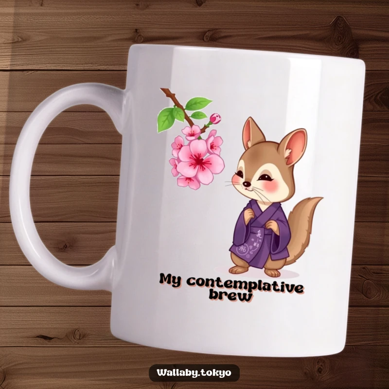 Funny wallaby in a deep purple kimono curiously examining a blooming cherry blossom, peaceful and thoughtful, perfect funny mug.