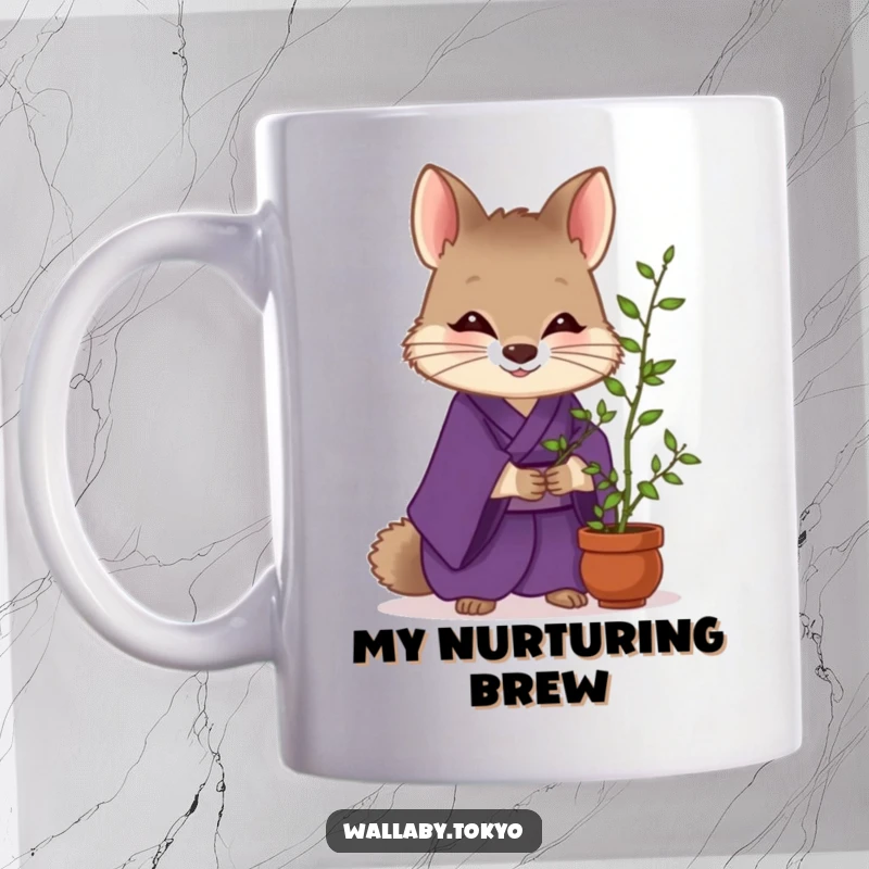 Funny Wallaby Zen Mug: A wallaby in a purple kimono gently tends to a tiny bamboo plant, exuding peaceful humor. Great funny gift.