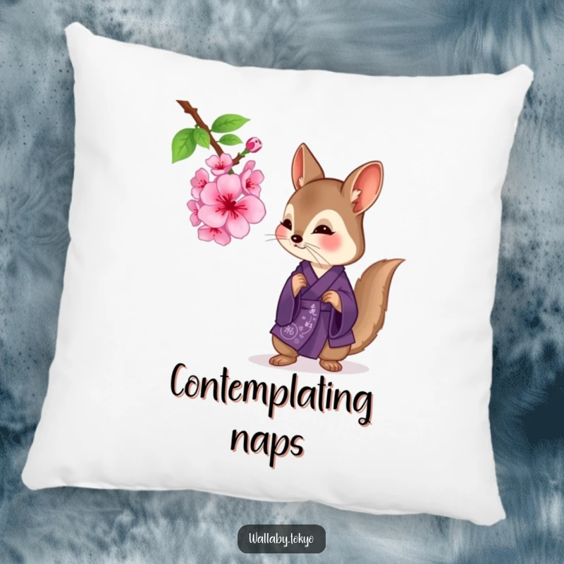 Funny wallaby in a deep purple kimono examining a cherry blossom, plush decorative pillow, serene and humorous.