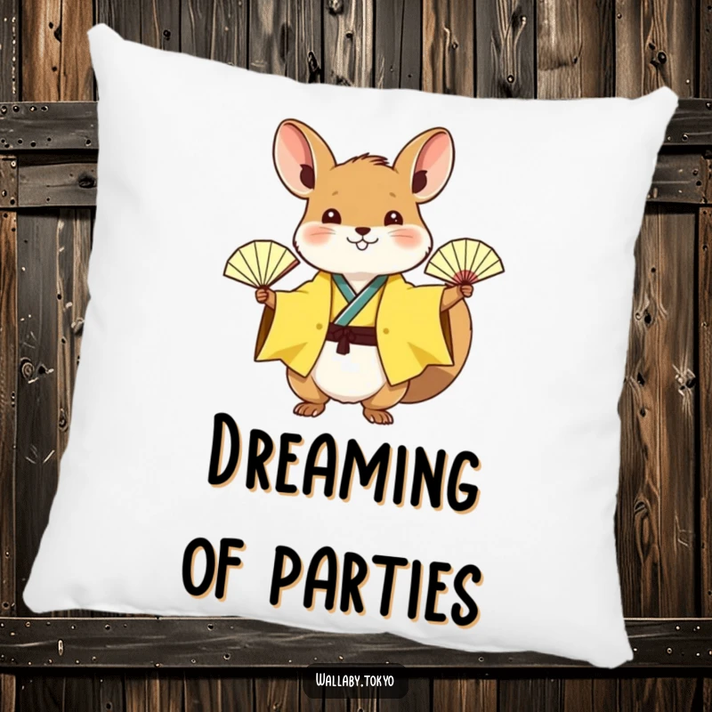 Funny wallaby in a sunny yellow kimono waving a tiny paper fan, plush decorative pillow, cheerful and humorous.
