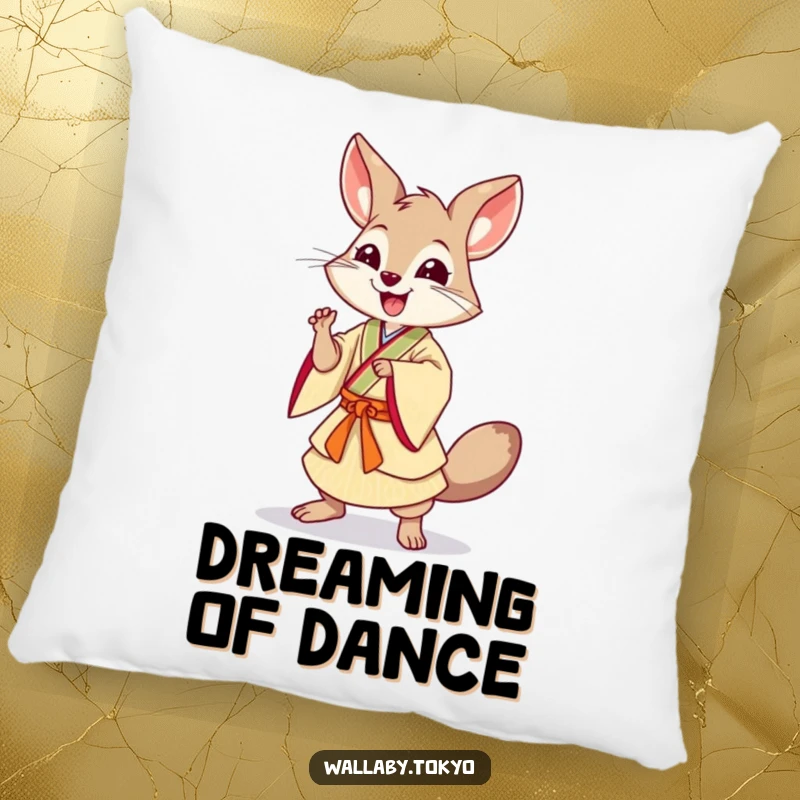 Funny Dancing Wallaby Pillow: Soft cushion with a wallaby in Japanese dress in a dynamic dance pose, ideal for funny, energetic decor.