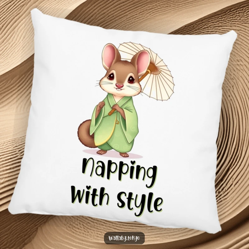 Funny wallaby in an elegant green kimono holding a delicate paper umbrella, plush decorative pillow, sophisticated humor.