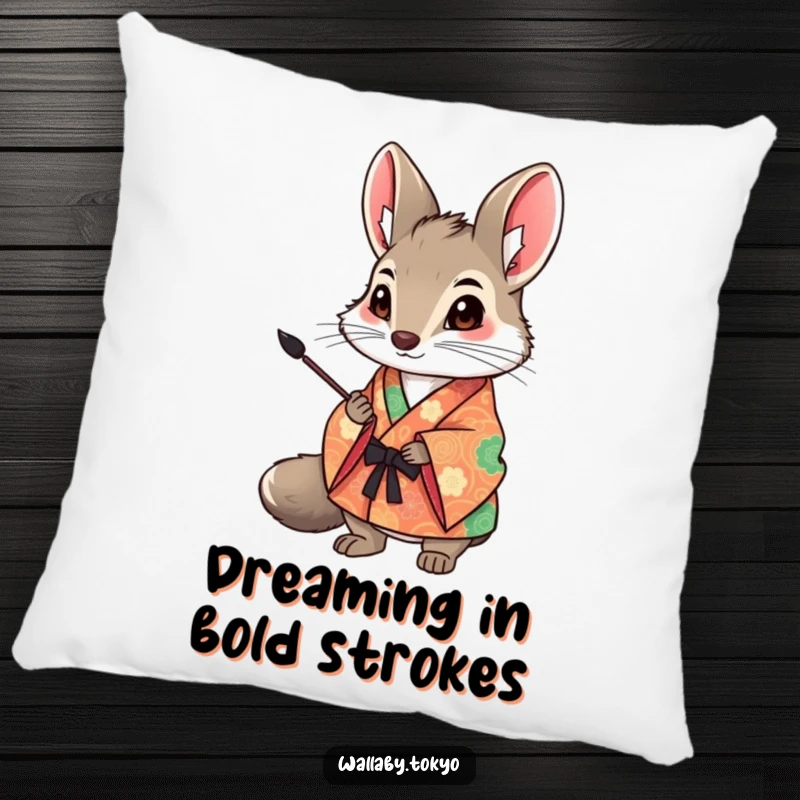 Funny Wallaby Art Pillow: A wallaby in a colorful kimono holds an ink brush, adding humorous artistic flair to this comfy cushion. Excellent funny gift.