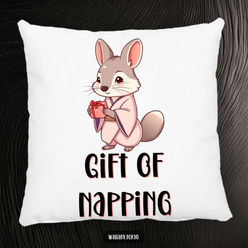 Funny pillow featuring an elegant wallaby wearing a kimono, offering a small, beautifully wrapped gift, perfect for adding cozy charm.