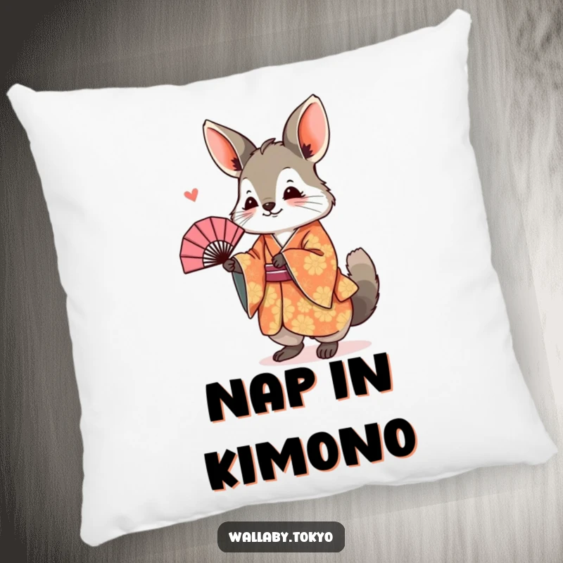 Funny Pillow featuring a wallaby in a vibrant kimono, joyfully bowing with a fan, a humorous and soft decorative cushion.
