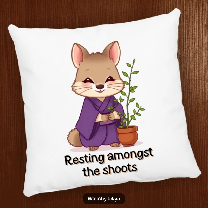 Funny Wallaby Zen Pillow: A wallaby in a purple kimono tends a tiny bamboo plant, offering humorous zen and comfort. Excellent funny gift.