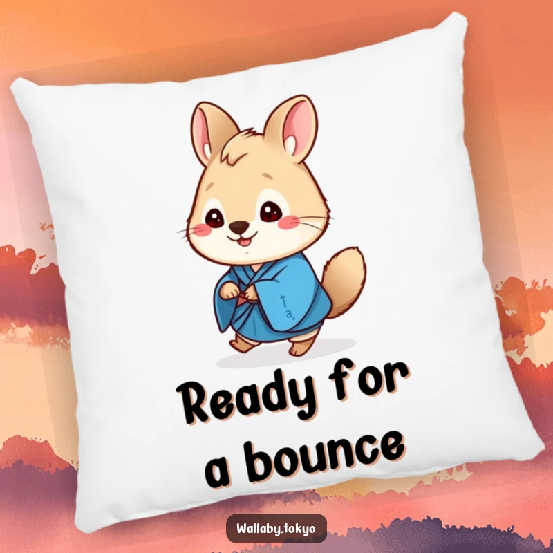 Funny blue kimono wallaby pillow, round and cute, cheerfully hopping with a happy, smiling face.
