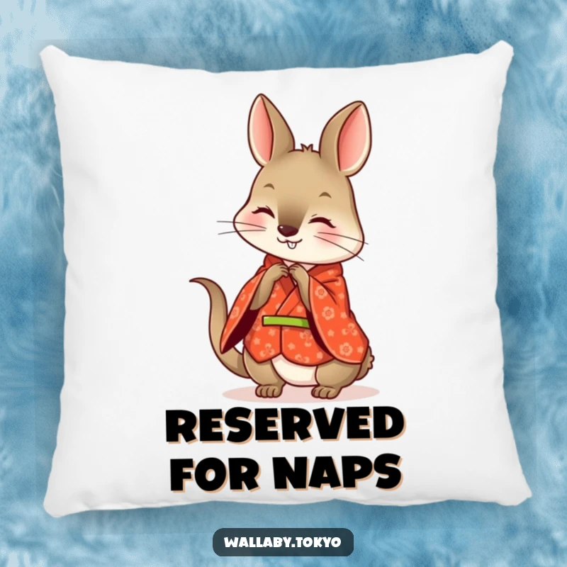 Funny red kimono wallaby pillow, patterned and elegant, playfully bowing with a happy, welcoming face.