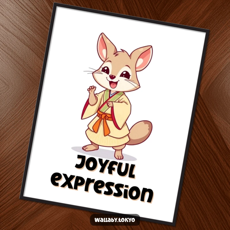 Funny Dancing Wallaby Digital Art Print: A wallaby in Japanese dress in a dynamic dance pose, perfect for instant funny, energetic wall decor.