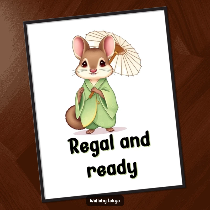 Funny wallaby wearing an elegant green kimono, holding a delicate paper umbrella, high-resolution digital art print.