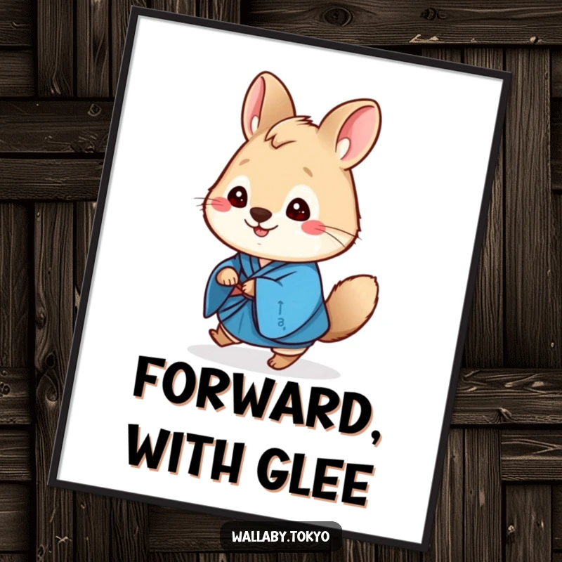 Funny blue kimono wallaby digital art print, cute and round, cheerfully hopping forward, high resolution.