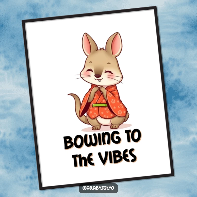 Funny red kimono wallaby digital art print, patterned and elegant, playfully bowing, high resolution.
