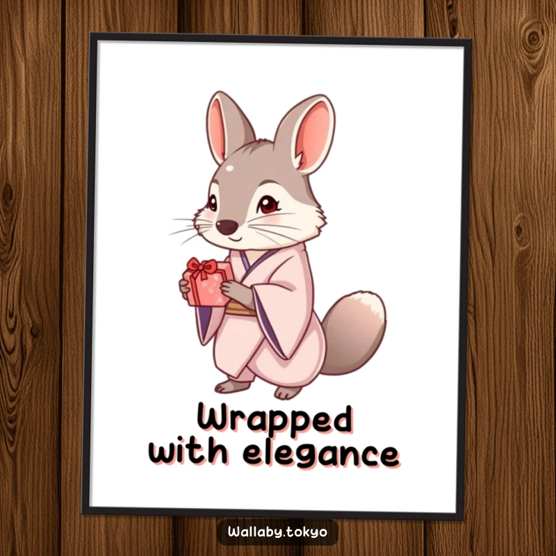Funny digital art print of an elegant wallaby in a kimono, offering a small, beautifully wrapped gift, ideal for refined decor.