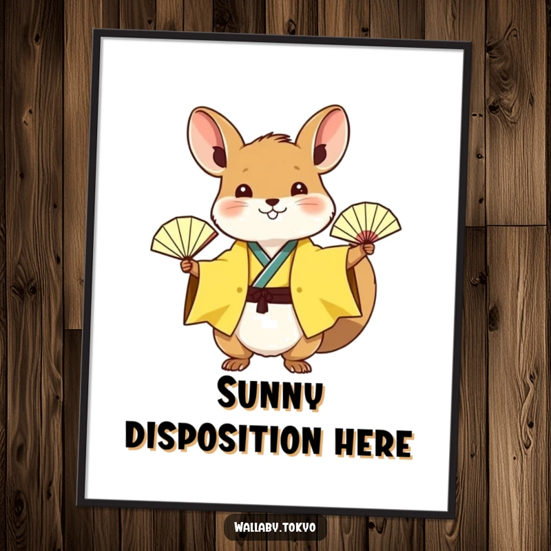 Funny wallaby wearing a sunny yellow kimono, excitedly waving a tiny paper fan, high-resolution digital art print.