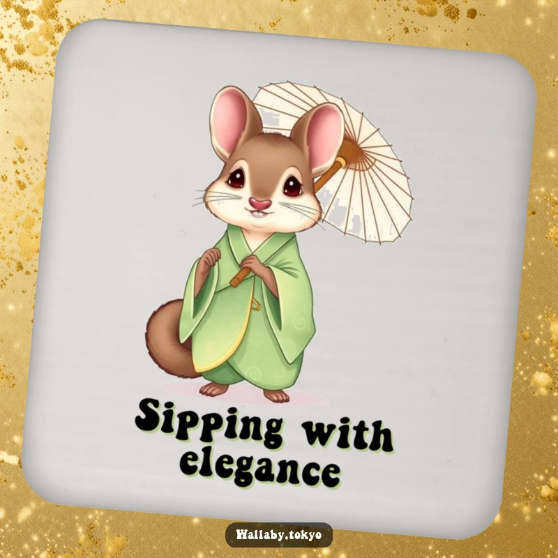 Funny wallaby in an elegant green kimono holding a paper umbrella, decorative drink coaster, humorous surface protection.