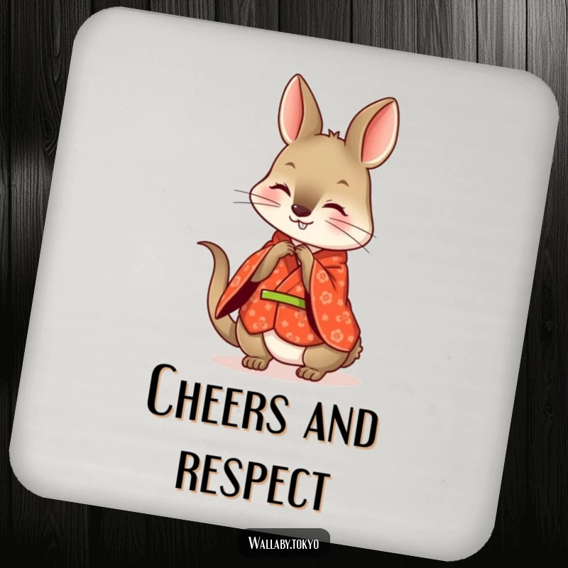 Funny wallaby drink coasters, in a patterned red kimono, playfully bowing with a happy smile.