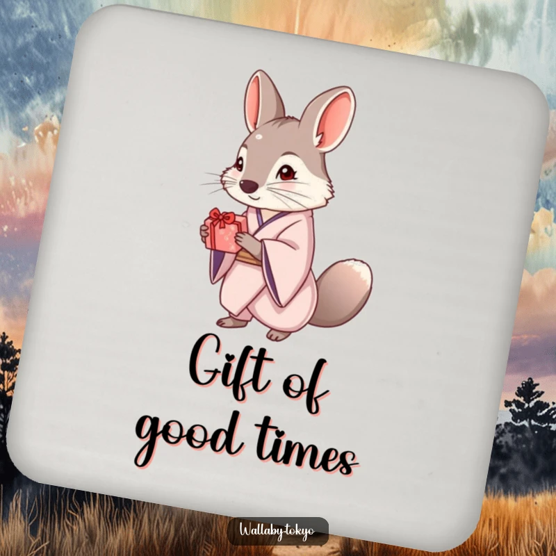 Funny coaster featuring an elegant wallaby in a kimono, offering a small, beautifully wrapped gift, protecting surfaces with refined charm.