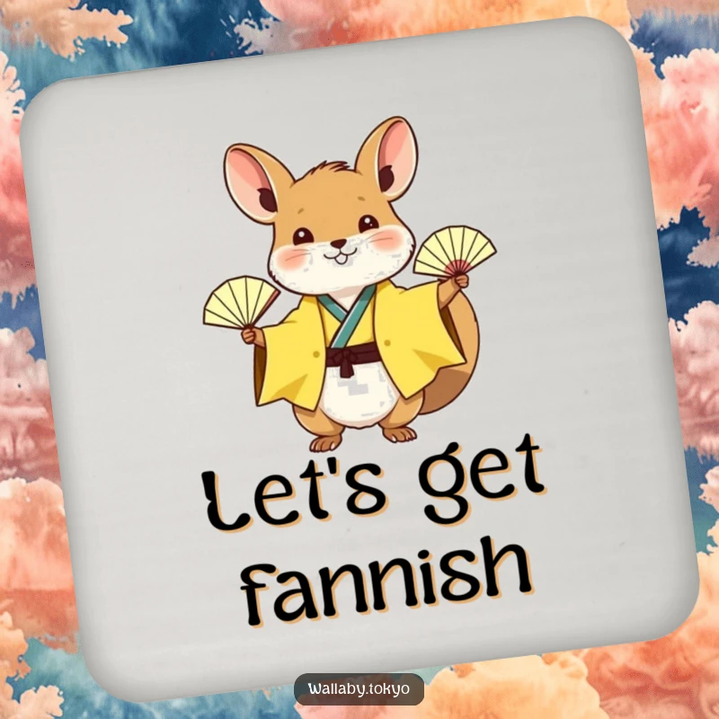 Funny wallaby in a sunny yellow kimono waving a small paper fan, decorative drink coaster, cheerful and humorous.