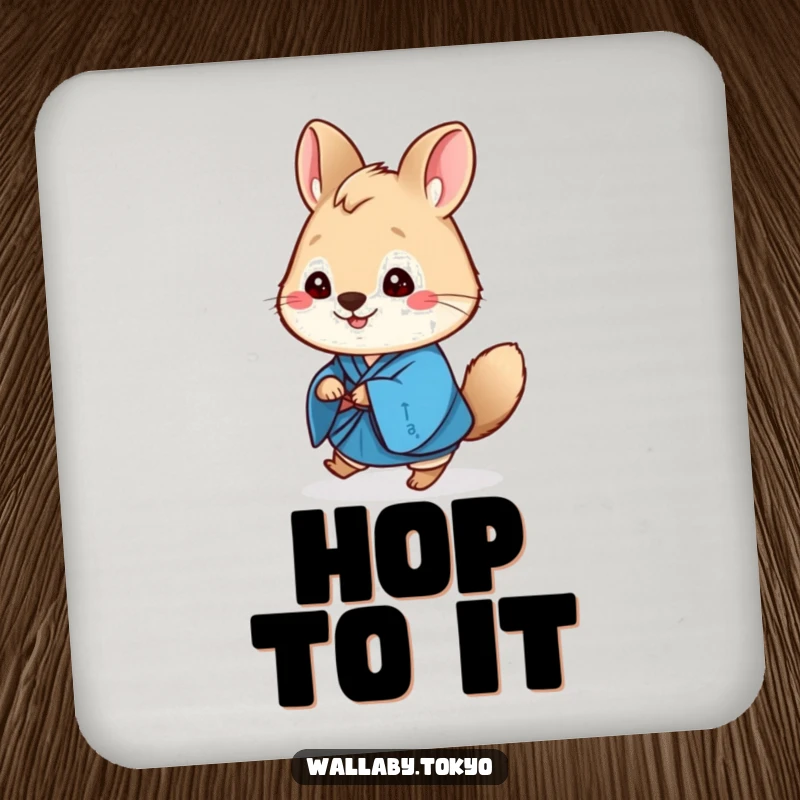Funny wallaby drink coasters, in a vibrant blue kimono, cheerfully hopping forward with a happy smile.
