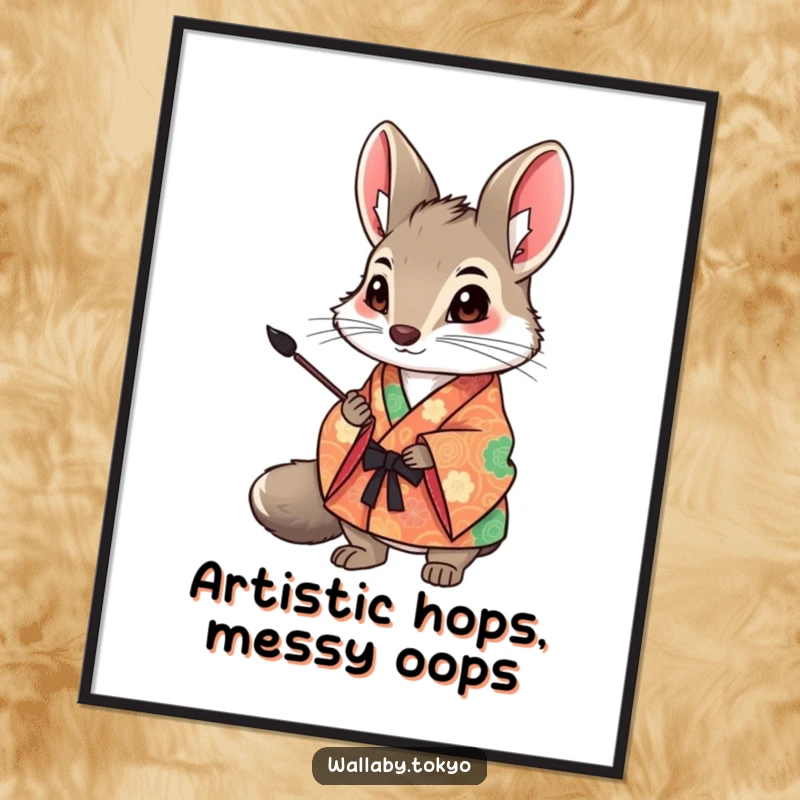 Funny Wallaby Art Poster: A wallaby in a colorful kimono holds an ink brush, a humorous and artistic wall decoration. Perfect funny gift.