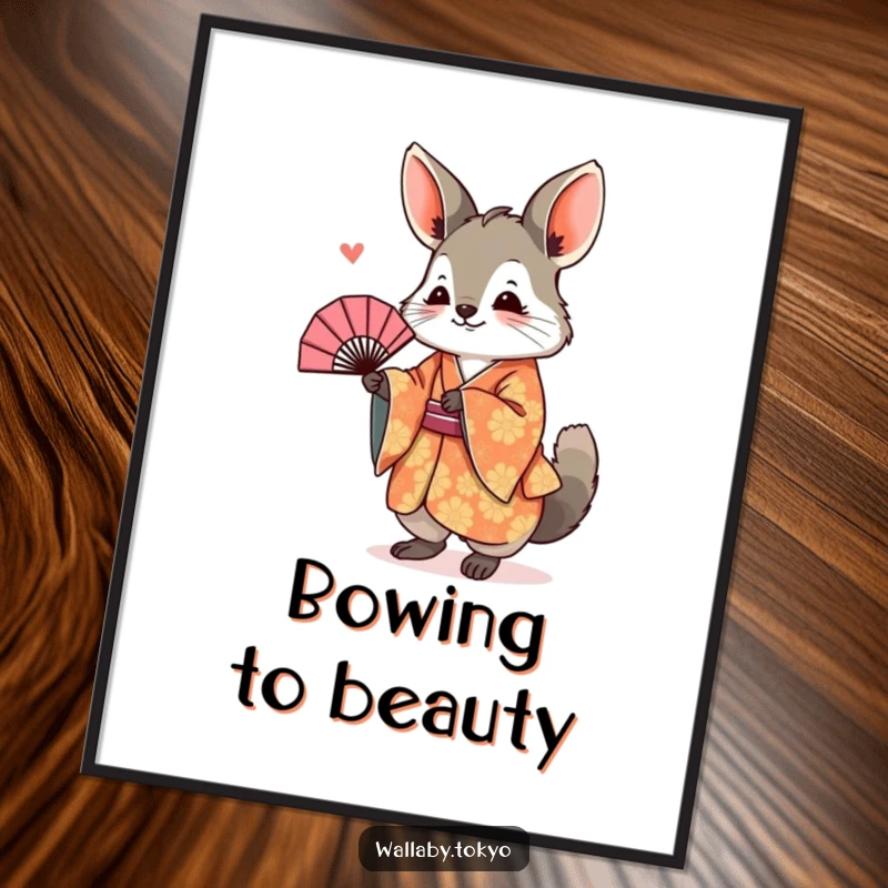 Funny Poster of a wallaby in a vibrant kimono, joyfully bowing with a fan, a humorous and decorative cultural artwork.