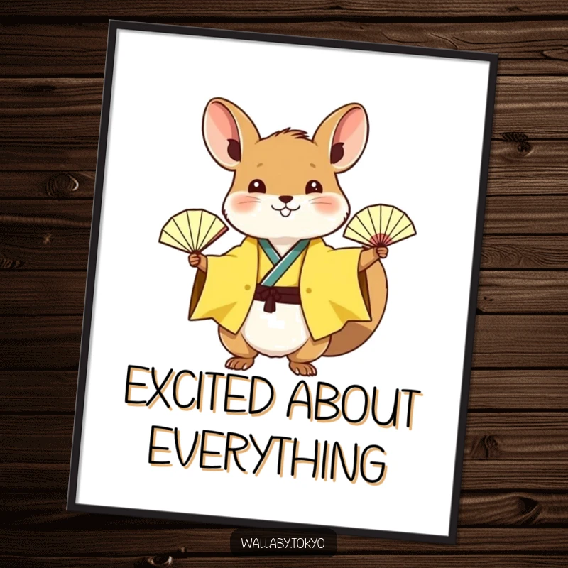 Funny wallaby in a bright yellow kimono excitedly waving a small paper fan, vibrant and humorous wall art.
