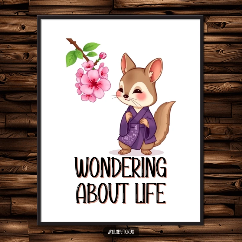 Funny wallaby in a deep purple kimono looking curiously at a cherry blossom, serene and humorous wall art.