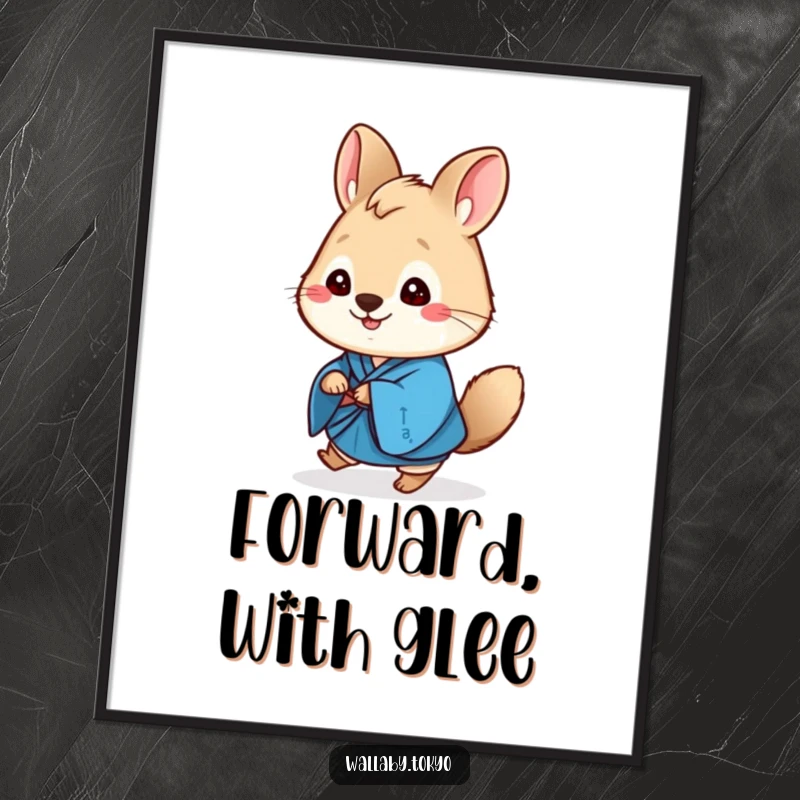 Funny cute round wallaby poster, in a blue kimono, cheerfully hopping forward with a wide, happy smile.