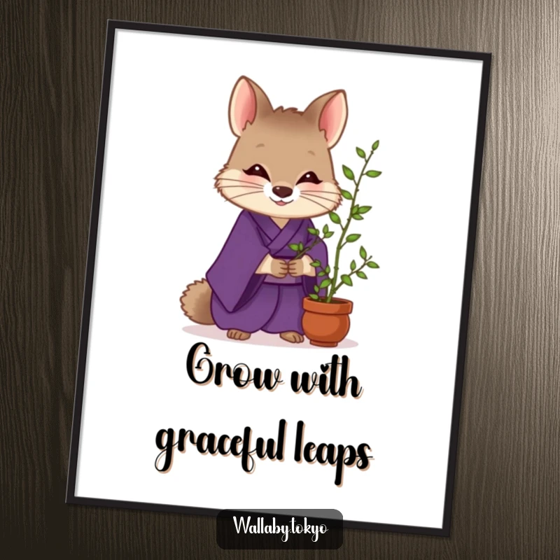 Funny Wallaby Zen Poster: A wallaby in a purple kimono gently cares for bamboo, bringing humorous zen and calm to wall decor. Perfect funny gift.