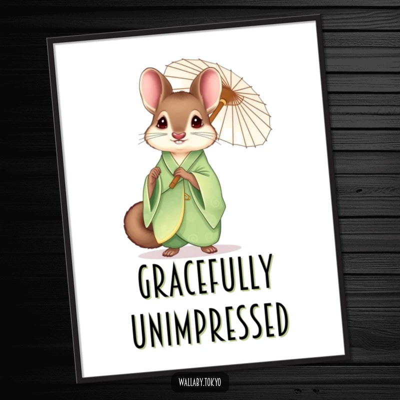 Funny elegant wallaby in a green kimono holding a paper umbrella, framed wall art, humorous and sophisticated.