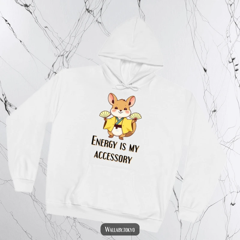 Funny wallaby wearing a sunny yellow kimono, excitedly waving a tiny paper fan, comfortable and warm hoodie.