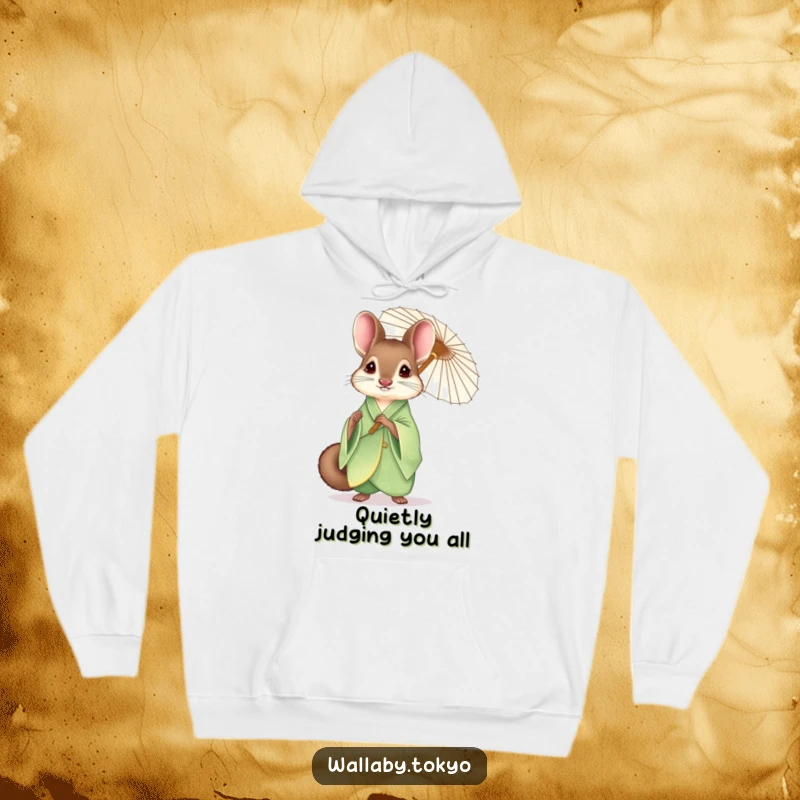 Funny wallaby in a luxurious green kimono holding a delicate paper umbrella looking elegant and refined, warm hoodie.