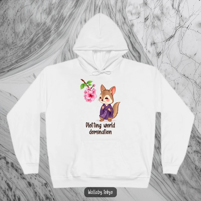 Funny wallaby in a deep purple kimono curiously examining a blooming cherry blossom, soft and warm hoodie.