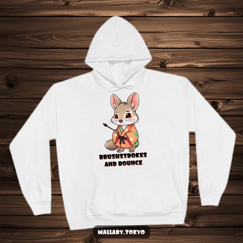 Funny Wallaby Art Hoodie: A creative wallaby in a vibrant kimono holds an ink brush, offering humorous and cozy artistic vibes. Great funny gift.